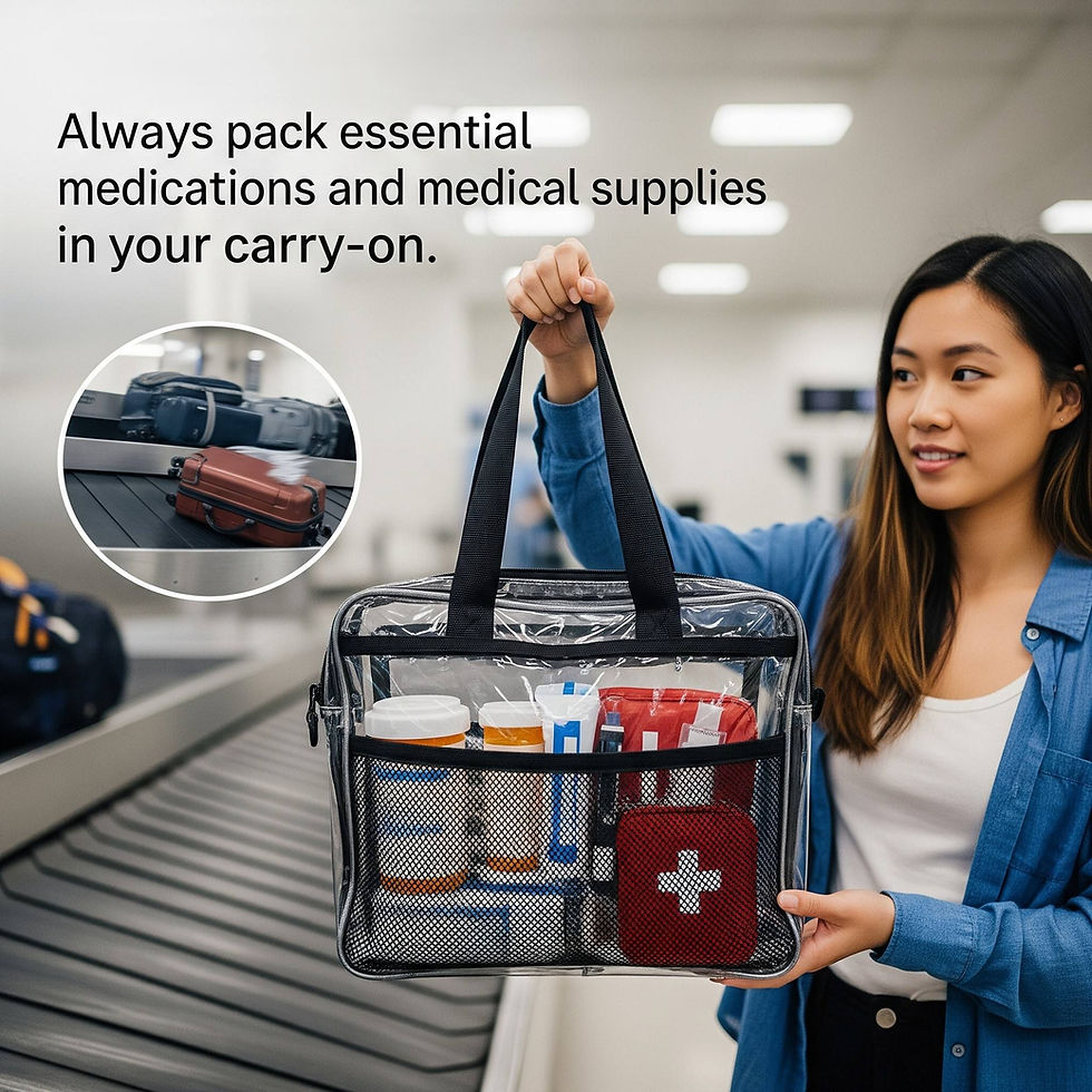 recepta lekarska leżąca obok paszportu i opakowań leków w kieszeni walizki